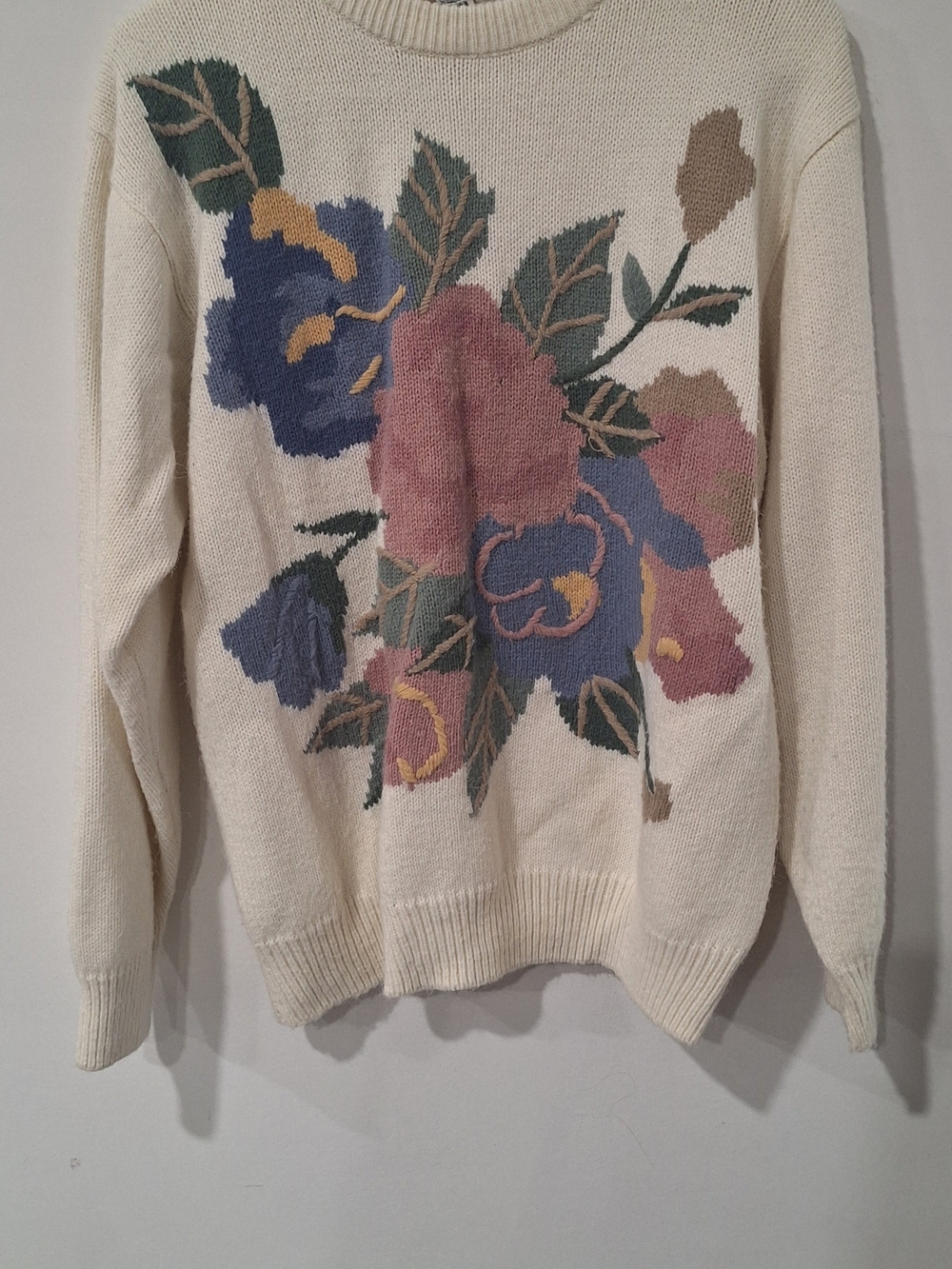 Alfred Dunner Cream Crewneck Sweater with Pink and Blue Floral Intarsia